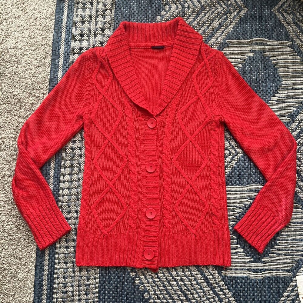 Red chunky cable-knit cardigan wide shawl collar cottagecore academia preppy S